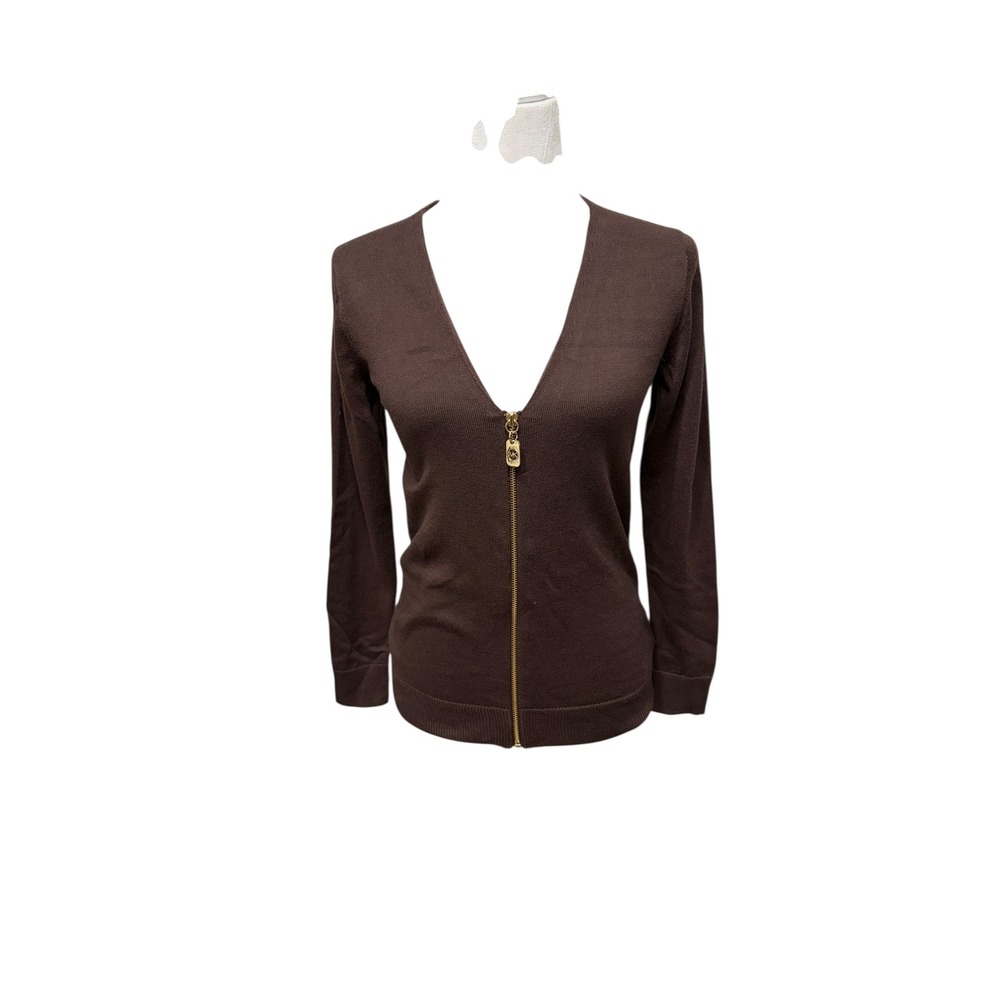 NWT Michael Kors Brown Zip Front V Neck Long Sleeve Cardigan Sweater Size S